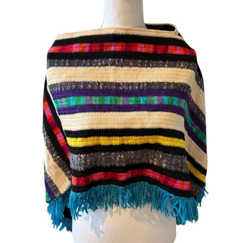 Vintage 70s Union Made Colorful Embroidered Fringed Festival Poncho Cape